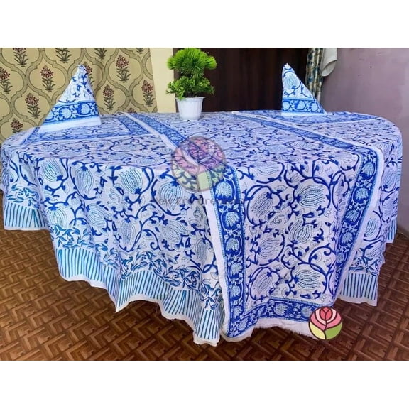 New Era Creation Blue Print Table Cloth, Cover India Cotton Table Linen, Custom,Gift for Her,Indian Table Cloth Indigo Print