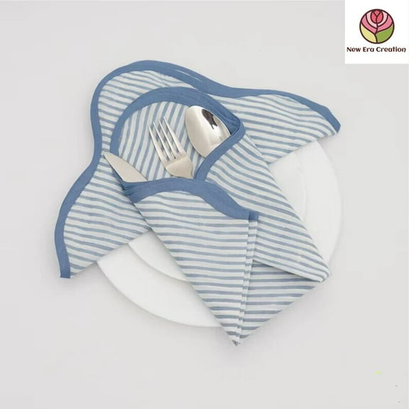 New Era Creation Blue and White Stripes Indian Hand Block Printed Cotton Cloth Napkins, Dinner Napkins, Tea Napkins, Christmas Table Decor