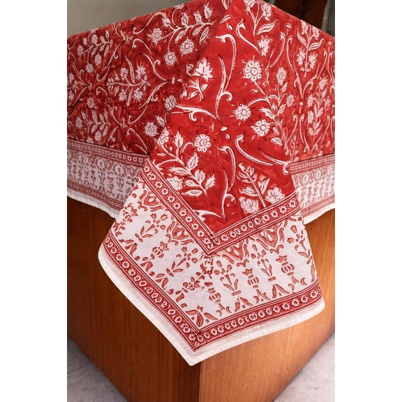 New Era Creation Brick Red and White Block Printed Table Cover, Home Decor Table Cloth, Dining Table Decor, Table Top, Floral Table Linen 60x60 Inches