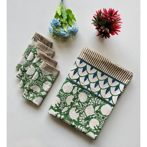 New Era Creation Dark Green and White Block Printed Table Cover, Home Decor Table Cloth, Dining Table Decor, Table Top, Floral Table Linen 60x60 Inches