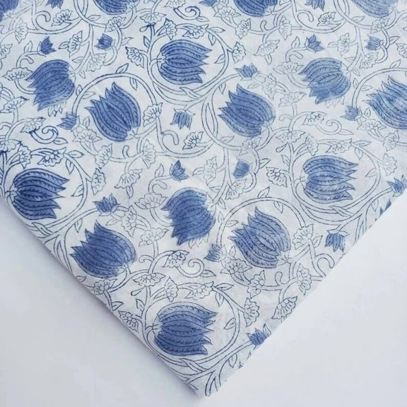 New Era Creation Fabric By The Yard And Linen Set,Wedding Decor,Sky Blue and White Indian Hand Block Printed Fabric with Border Design Gift for Mom