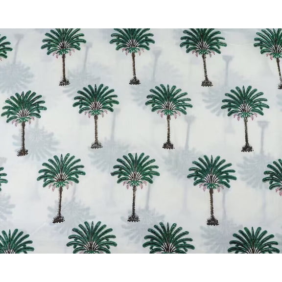 New Era Creation Green Palm Tree & White Floral Indian Hand Block Printed Fabric By The Yard And Linen Set,Wedding Decor, Tablecloth Thanksgiving best Gift for Mom