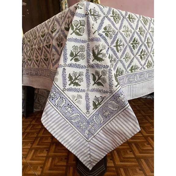 New Era Creation Light Blue, Olive Green Hand Block Printed Cotton Tablecloth, Dining Table Cover Farmhouse Party Wedding Home Housewarming Gift For Mom