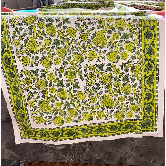 New Era Creation Mint Green Print Table Cloth, Cover India Cotton Table Linen, Custom,Gift for Her,Indian Table Cloth Indigo Print