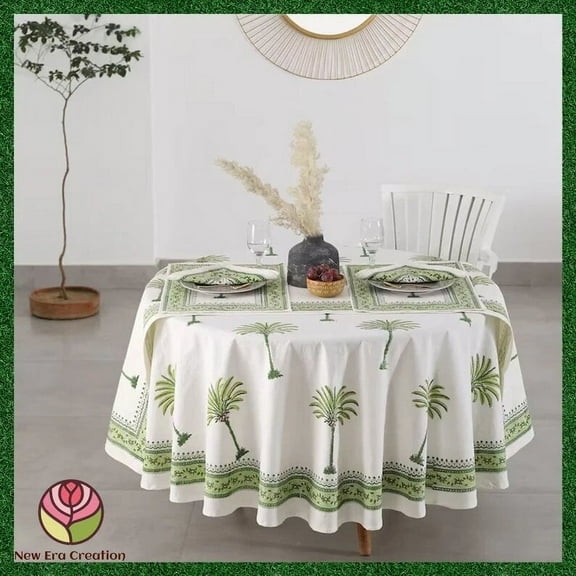 New Era Creation Mint Green Print Table Cloth, Cover India Cotton Table Linen, Custom,Gift for Her,Indian Table Cloth Indigo Print