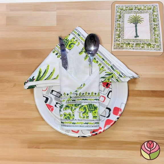 New Era Creation Mint Green & Sage Green Indian Floral, Elephant Hand Block Printed Cotton Cloth Napkin Wedding Event Home Party,Housewarming Gift Pack