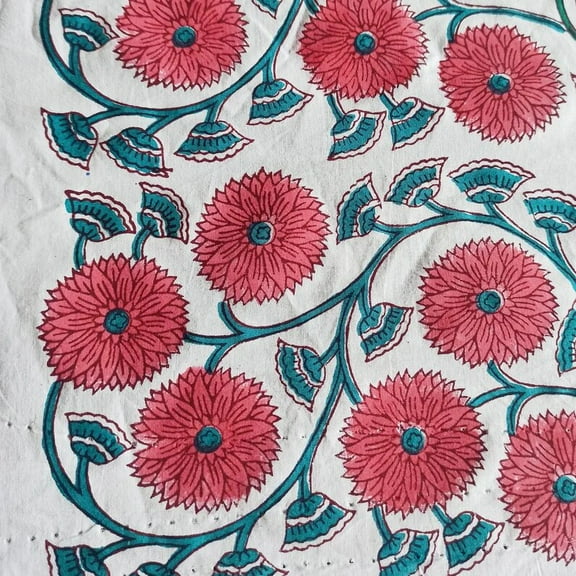 New Era Creation Orange, Green and White Floral Indian Hand Block Printed Fabric By The Yard Design all Around, Table Cover And Linen Set