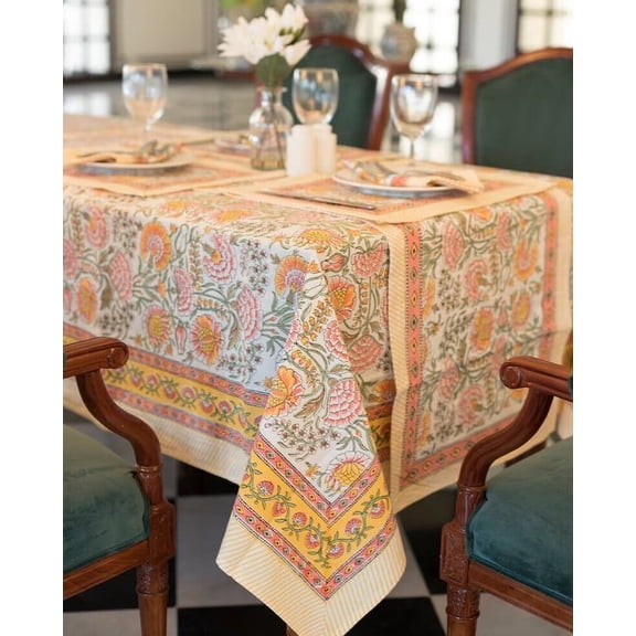 New Era Creation Orange, Green and White Floral Indian Hand Block Printed Tablecloth with Border Design all Around, Table Cover And Linen Set