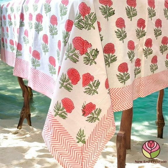 New Era Creation Pink, Green and White Floral Indian Hand Block Printed Tablecloth with Border Design all Around, Table Cover And Linen Set