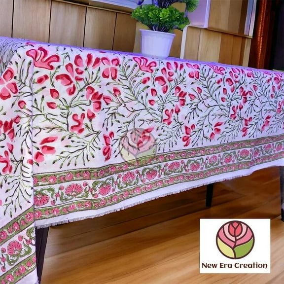 New Era Creation Pink, red and White Floral Indian Hand Block Printed Tablecloth with Border Design all Around, Table Cover And Linen Set