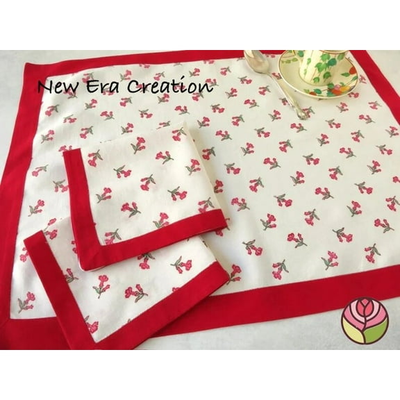 New Era Creation Red Cherry,Green Indian Floral Hand Block Printed Cotton Cloth Napkin Size 20x20 Wedding Event Home Party,Housewarming Gift