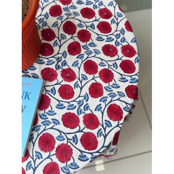 New Era Creation Red and White Block Printed Table Cover, Home Decor Table Cloth, Dining Table Decor, Table Top, Floral Table Linen 60x60 Inches