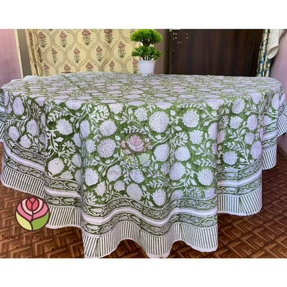 New Era Creation Sage Green Hand Block Printed Cotton Round Tablecloth, Dining Table Cover Farmhouse Party Wedding Home Housewarming Baby Shower Gift