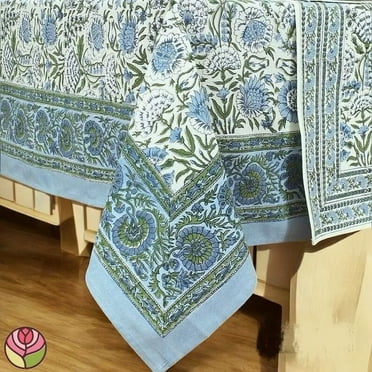 New Era Creation Sage Green Hand Block Printed Cotton Round Tablecloth, Dining Table Cover Farmhouse Party Wedding Home Housewarming Baby Shower Gift