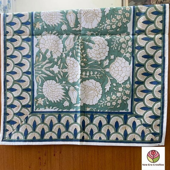 New Era Creation Sage Green Print Table Cloth, Cover India Cotton Table Linen, Custom,Gift for Her,Indian Table Cloth Indigo Print