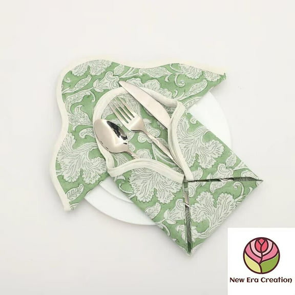 New Era Creation Sage Green and Off White Indian Hand Block Floral Printed Cotton Cloth Napkins, Wedding Event Home Picnic Party, Tea Dinner