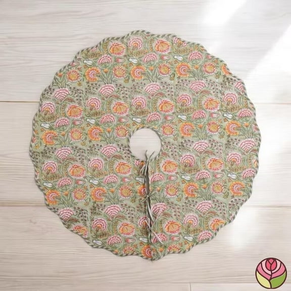 New Era Creation Sage green Indian Floral Hand Block Printed Cotton Cloth Christmas Tree Skirt, Holiday Farmhouse Christmas Party