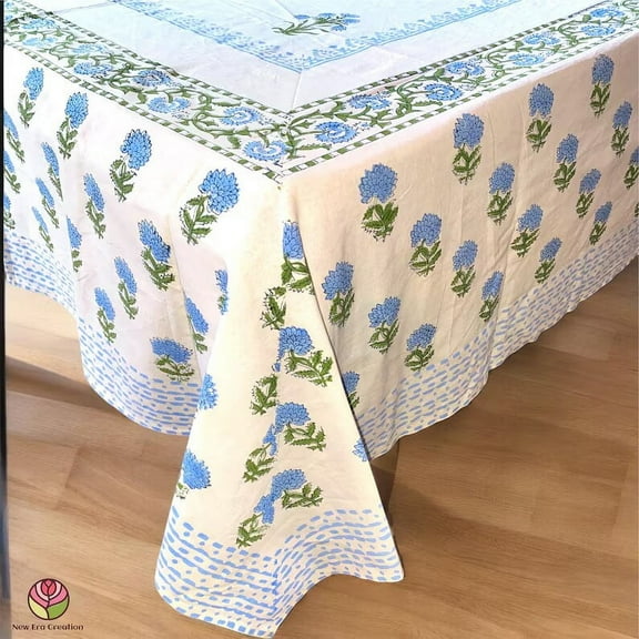 New Era Creation Sage green, Sky Blue Floral Indian Hand Block Printed Tablecloth with Border Design,Table Cover And Linen Set,Wedding Decor