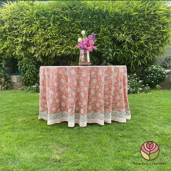 New Era Creation Salmon Pink Print Table Cloth, Cover India Cotton Table Linen, Custom,Gift for Her,Indian Table Cloth Indigo Print