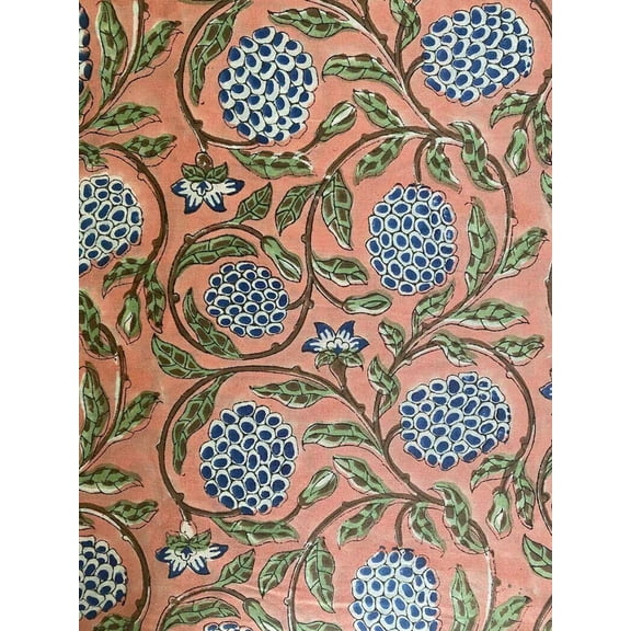 New Era Creation Salmon Pink and White Floral Indian Hand Block Printed Fabric By The Yard Design all Around, Table Cover, And Linen Set