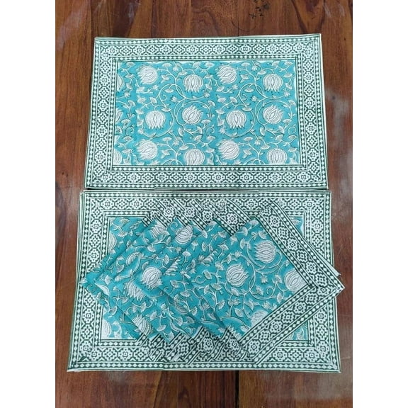 New Era Creation Sea Green and white Hand Block Floral Printed Cotton Cloth Table Mats Farmhouse Wedding Events Home,Garden Party gift for Dad