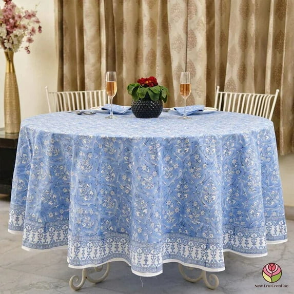 New Era Creation Sky Blue Print Table Cloth, Cover India Cotton Table Linen, Custom,Gift for Her,Indian Table Cloth Indigo Print