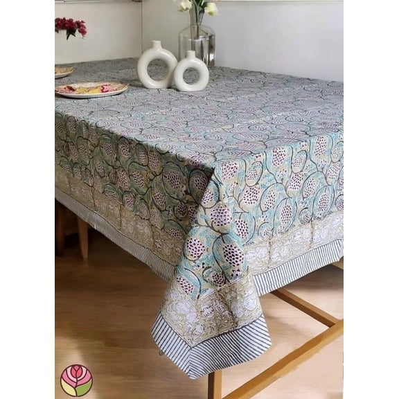 New Era Creation Sky Blue & White Floral Indian Hand Block Printed Table Cover And Linen Set,Wedding Decor, Tablecloth Thanksgiving best Gift for Mom