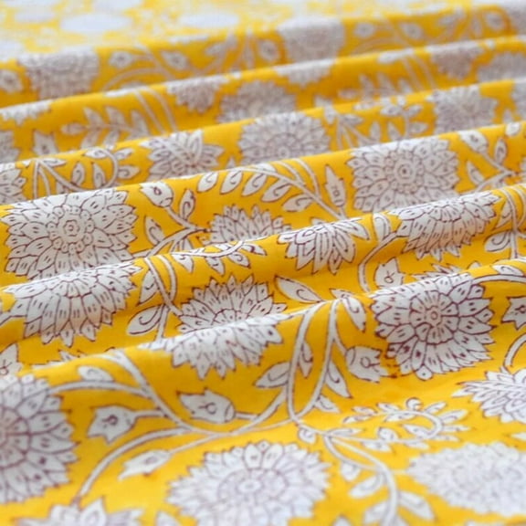 New Era Creation Yellow White Floral Indian Hand Block Printed Fabric By The Yard with Border Design all Around, Table Cover And Linen Set