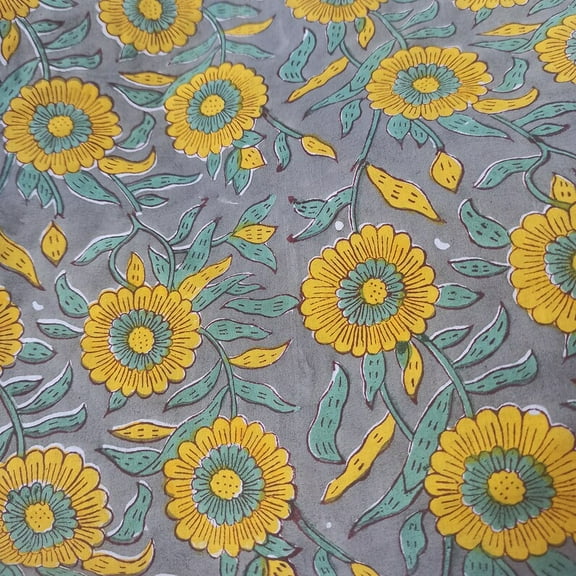 New Era Creation Yellow White Floral Indian Hand Block Printed Fabric By The Yard with Border Design all Around, Table Cover And Linen Set