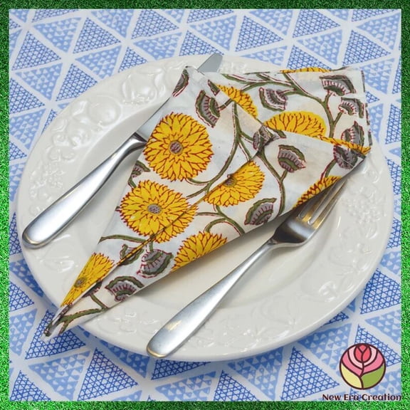 New Era Creation Yellow and Green Pure Cotton Napkins with Hand Block Print Cocktail,Dinner Wedding Event Party Home Farmhouse Restaurant Gift