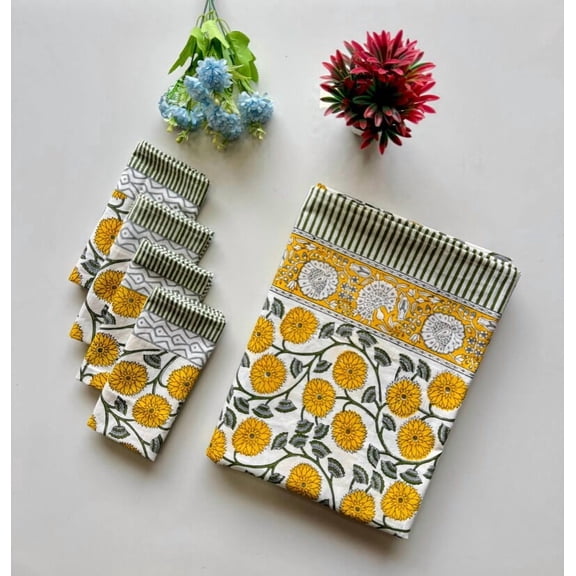 New Era Creation Yellow and White Block Printed Table Cover, Home Decor Table Cloth, Dining Table Decor, Table Top, Floral Table Linen 60x60 Inches