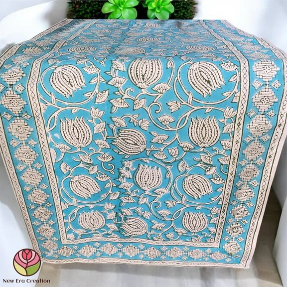New Era Creation sea green Print Table Cloth, Cover India Cotton Table Linen, Custom,Gift for Her,Indian Table Cloth Indigo Print