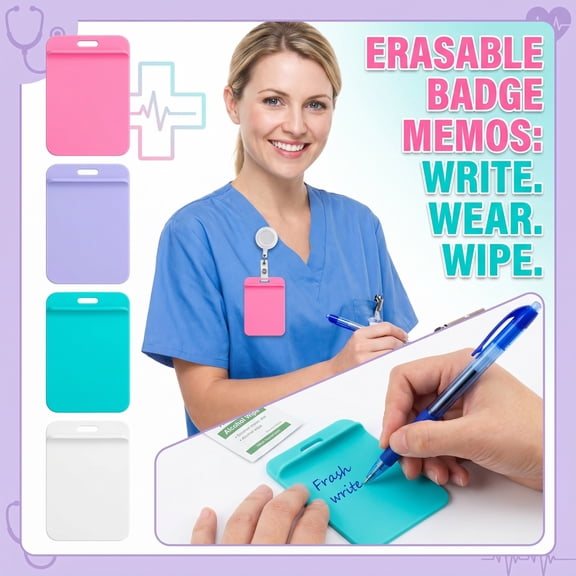 New Erasable Badge Notes,Reusable ID Card Badge Reel Notepad, Erasable Silicone Badge Note,Ballpoint Pen Write & Alcohol Wipeable,Quick Report Note Pad for Nurses, Doctors White