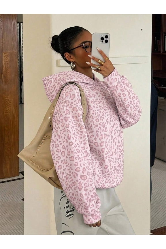 New European and American Autumn/Winter Women's Light Pink Leopard Print Oversized Long Sleeve Casual Pullover Hoodie