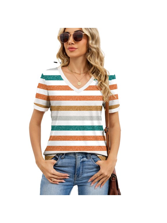 New European and American Spring/Summer Striped Color-Block V-Neck Loose Short-Sleeve T-Shirt