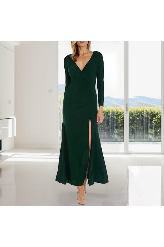 New Evening Dress Form Fitting V Neck With Side Ruffles And Side Slit Long Sleeved Dress Pleated Dress for Women Women's Long Sleeve Dress T Shirt Women Dresses for Summer Athletic Dress Knee Length
