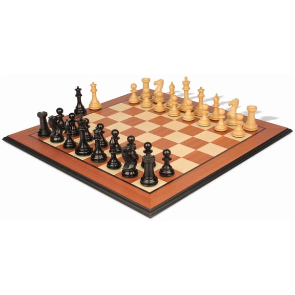 New Exclusive Staunton Chess Set Ebonized & Boxwood Pieces with Mahogany & Maple Molded Edge Board - 3.5" King