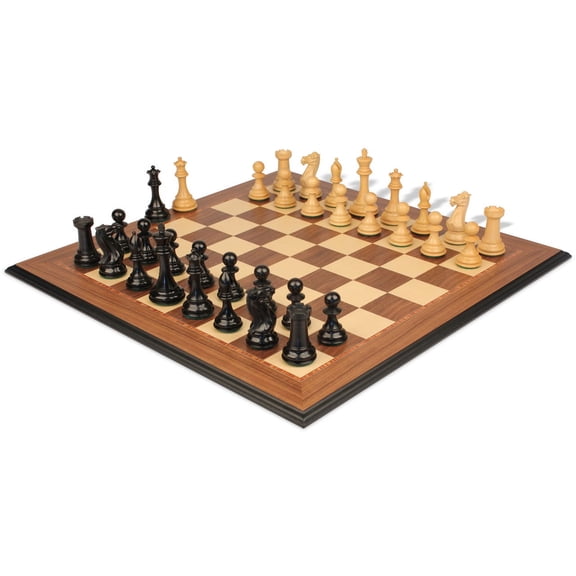 New Exclusive Staunton Chess Set Ebonized & Boxwood Pieces with Walnut & Maple Molded Edge Board - 3.5" King