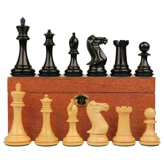 New Exclusive Staunton Chess Set Ebony & Boxwood Pieces with Mahogany Chess Box - 4" King
