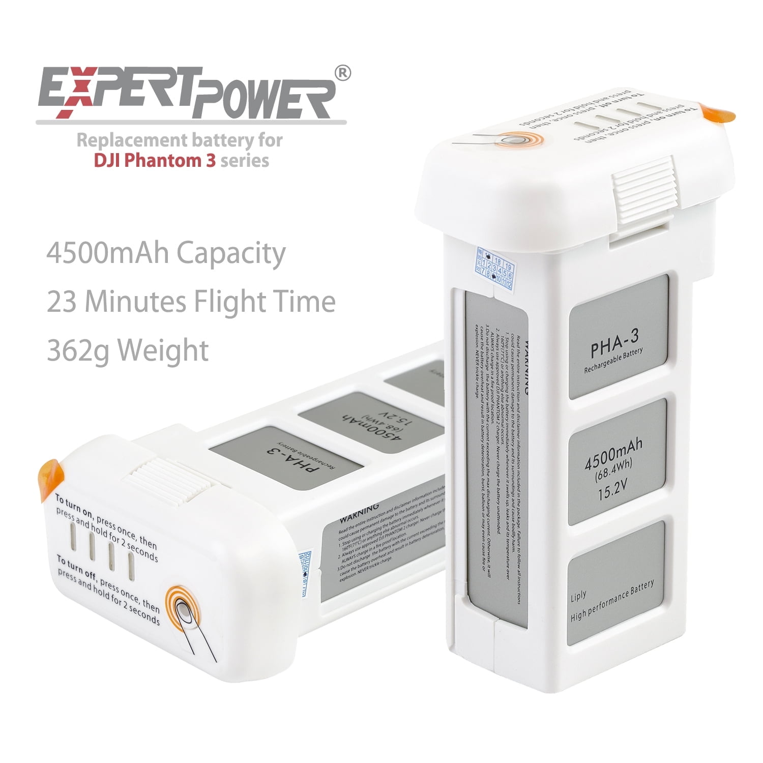 New ExpertPower 15.2 V 4500mAh Replacement battery for DJI Phantom 3 Drones,  Phantom 3 SE, Phantom 3 Professional, Phantom 3 Advanced, Phantom 3 Standard, Phantom 3 4K Drones  -2 Pcs