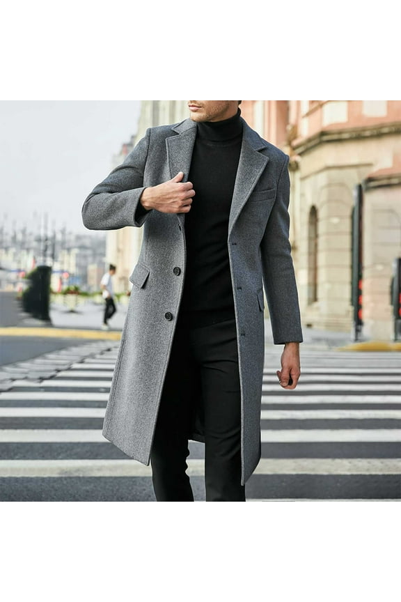 New Fall Faves Men Winter Turndown Single-Breasted Windbreaker Coat Work Uniform Dressy Big & Tall Long Jacket Overcoat,Gray,M
