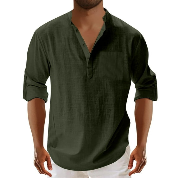 New Fall Plus Size Cotton and Linen Shirts for Mens Solid Color Turndown Collar Half Cardigan Casual Top Shirt Button Tops