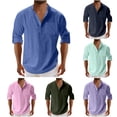 thumbnail image 1 of New Fall Plus Size Cotton and Linen Shirts for Mens Solid Color Turndown Collar Half Cardigan Casual Top Shirt Button Tops, 1 of 5