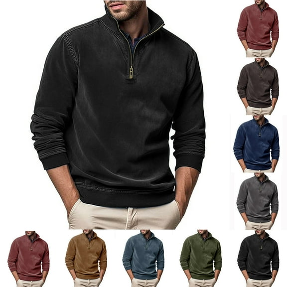 New Fall Plus Size Shirts for Mens Casual Solid Color Zipper Long Sleeve Stand Up Collar Blouse