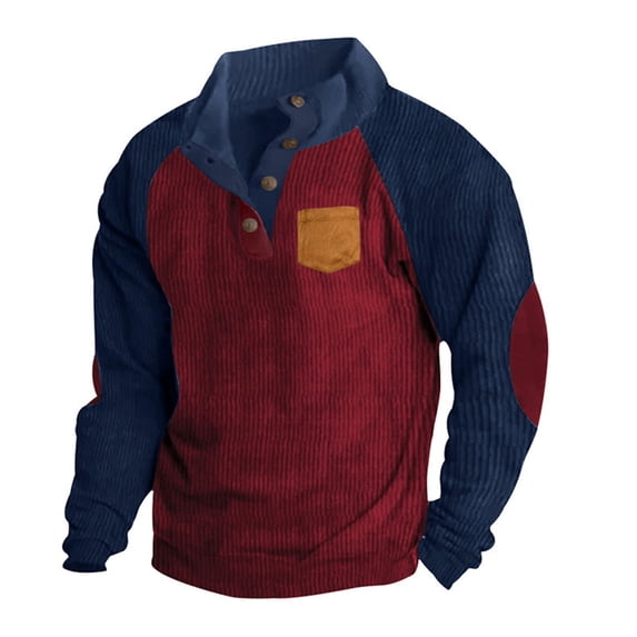 New Fall Plus Size Tops for Mens Outdoors Raglan Sleeve Casual Stand Collar Corduroy Color Blocking Head Cover No Hat Sweater Black Deal on Clearance!
