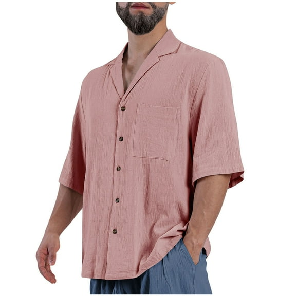 New Fall Plus Size Tops for Mens Casual Solid Color Short Sleeve Turndown Collar Blouse Top