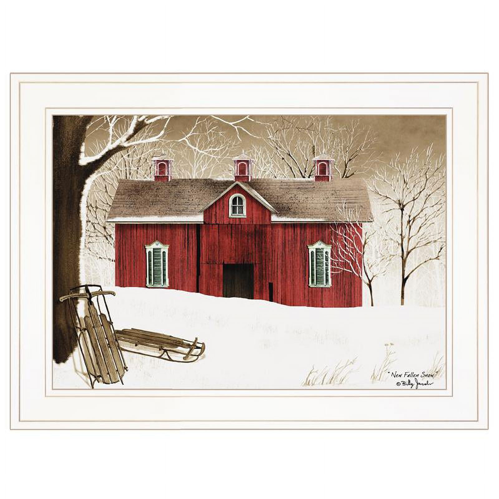 New Fallen Snow Red Barn Cottage Print on Canvas with White Frame