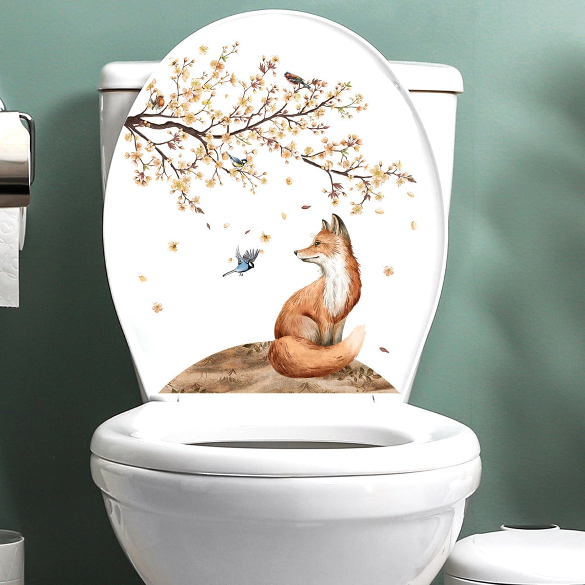 Green Leaves & Flowers Bathroom Toilet Sticker - Self-Adhesive PVC Decal For Lid & Tank, 29x22cm