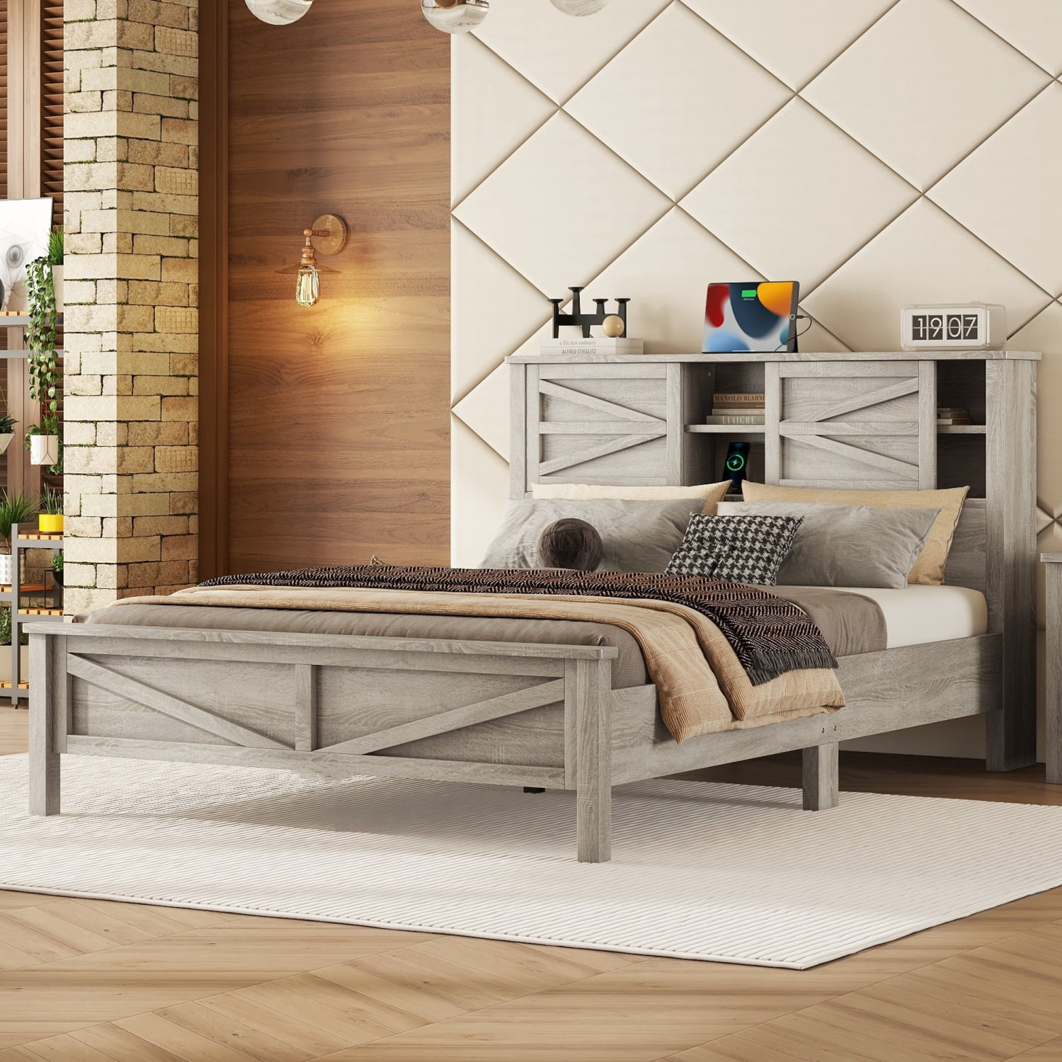 New Farmhouse Platform Bed with Double Sliding Barn Door, Queen Size ...
