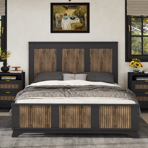 New Farmhouse Wooden Platform Queen Size Bed, Modern Platform Bed with Wooden Strip Stickers Decoration, Plywood Slats Support, Black